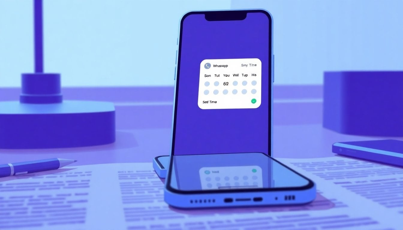 smartphone showing WhatsApp chat interface with scheduled message calendar and send time picker on screen, close-up on desk, soft natural light