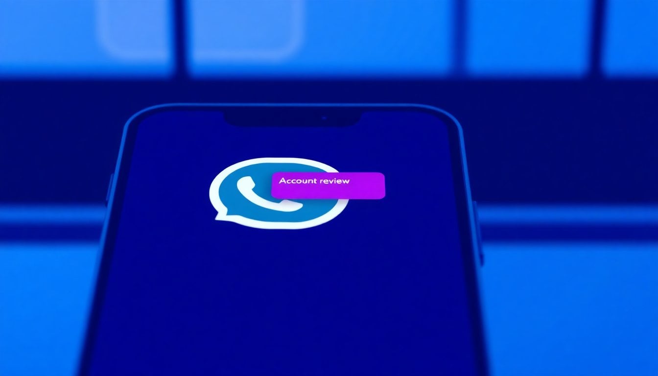 smartphone screen showing WhatsApp app icon with an account review warning, blurred chat bubbles and notification banner, close-up, dim indoor light