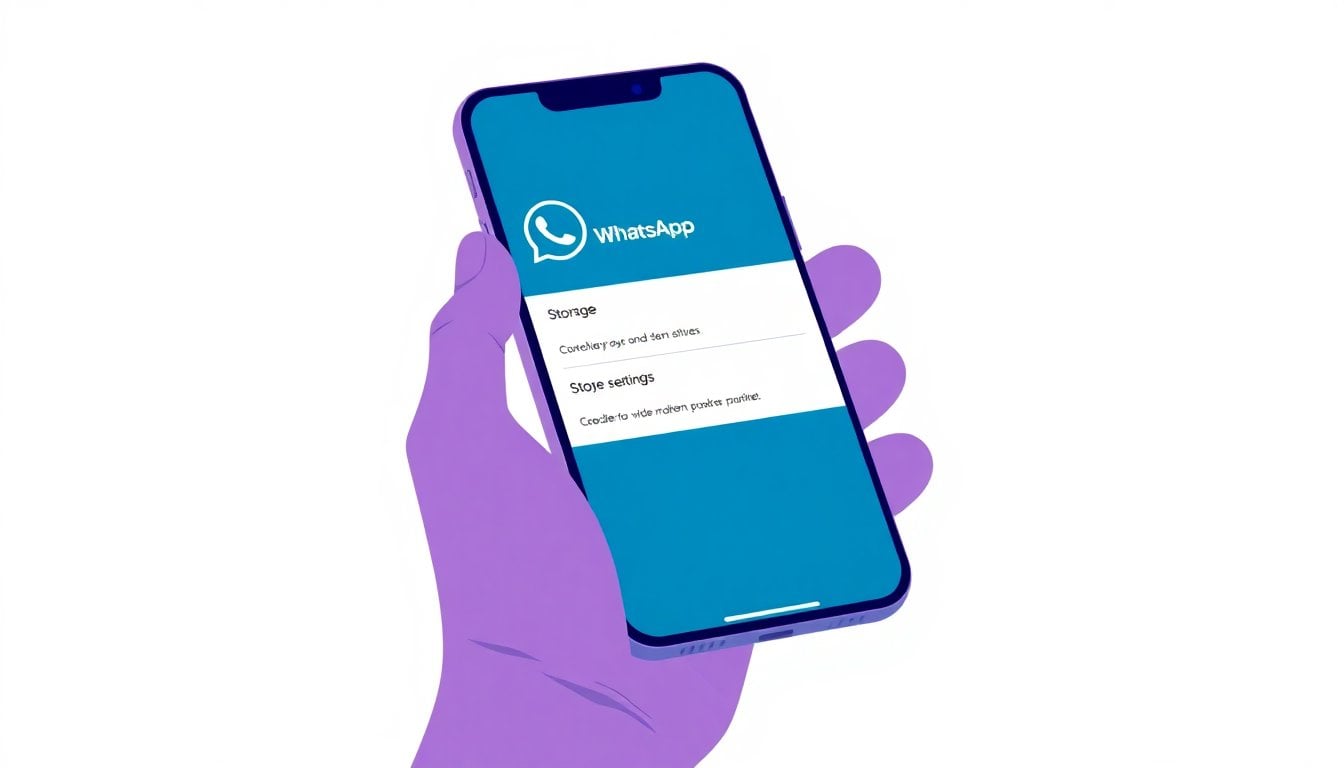 smartphone screen showing WhatsApp storage settings interface, close-up of hand holding phone, white background, clean and modern