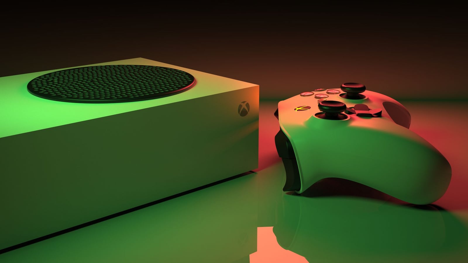 Primer plano de una consola Xbox Series y un controlador con iluminación dinámica, mostrando tecnología de juegos moderna.