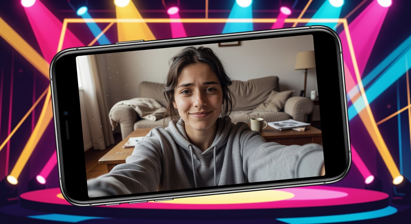 social media video screenshot on smartphone screen, young woman selfie, casual home setting, natural light
