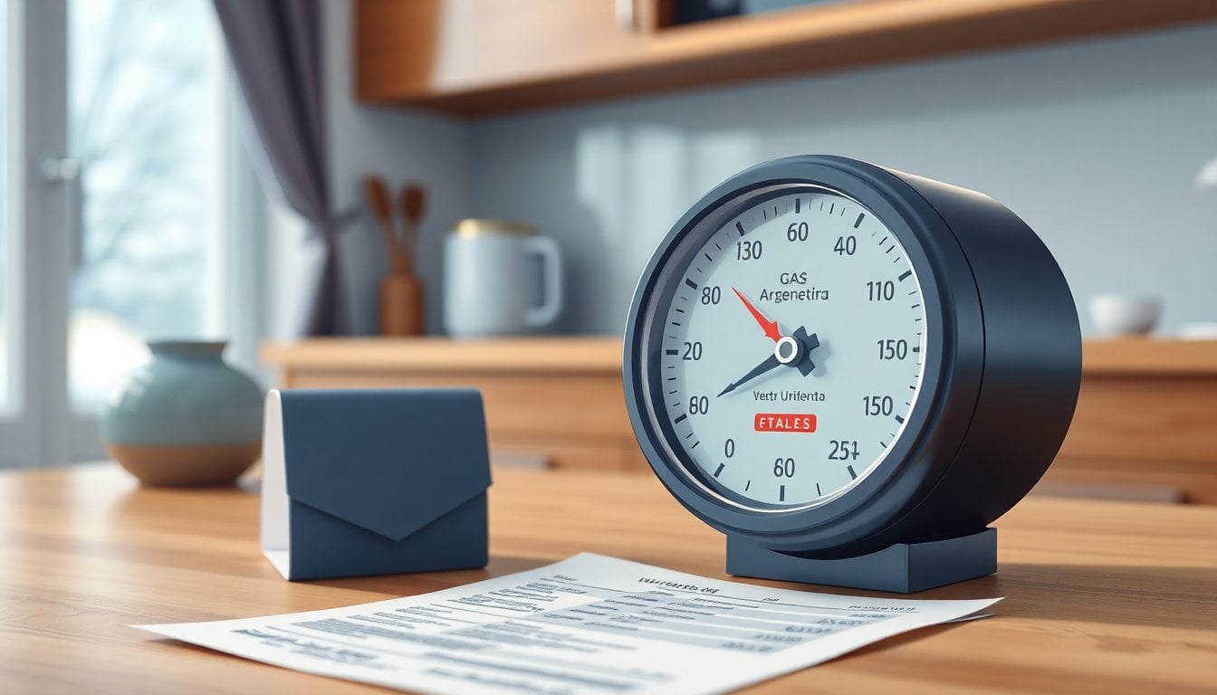 close-up of a natural gas meter beside an Argentine household utility bill on a kitchen table, winter light, realistic interior, no people visible